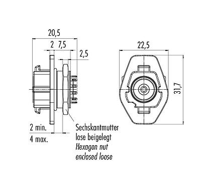 Scale drawing 09 1724 100 12 - Snap-In Female panel mount connector, Contacts: 12, unshielded, solder, IP54