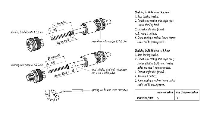 Assembly instructions 99 1439 810 05 - M12 Male cable connector, Contacts: 5, 5.0-8.0 mm, shieldable, screw clamp, IP67, UL