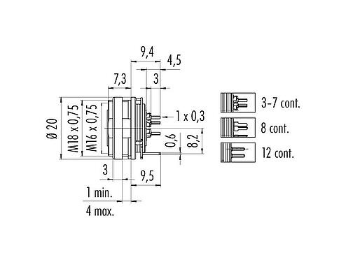 Scale drawing 09 0332 290 12 - M16 Female panel mount connector, Contacts: 12 (12-a), shieldable, THT, IP40, front fastened