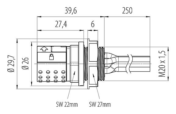 Scale drawing 09 6112 150 06 - Bayonet Female panel mount connector, Contacts: 6 (3+PE+2), not shielded, single wires, IP66/IP67, M20x1.5