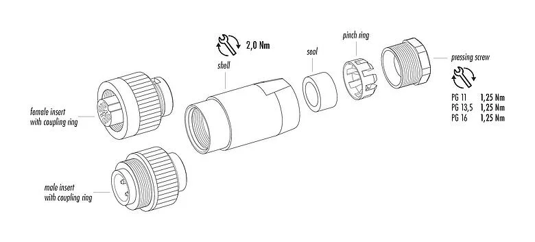 Component part drawing 99 4201 110 07 - RD24 Male cable connector, Contacts: 6+PE, 8.0-10.0 mm, unshielded, crimping (Crimp contacts must be ordered separately), IP67, UL, ESTI+, VDE, PG 11