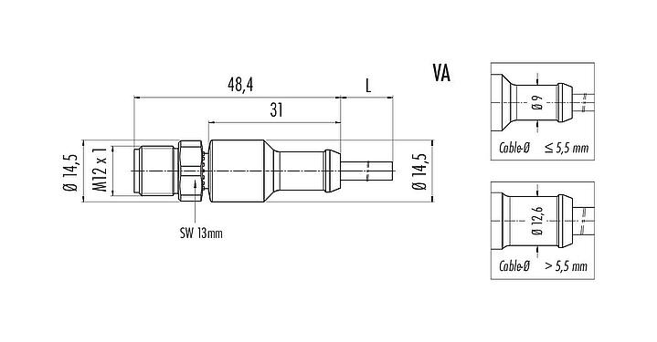 Scale drawing 77 3729 0000 50004-0500 - M12 Male cable connector, Contacts: 4, unshielded, moulded on the cable, IP69K, UL, PUR, black, 4 x 0.34 mm², stainless steel, 5 m