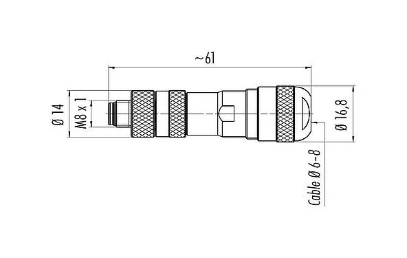 比例图 99 3363 300 04 - M8 直头针头电缆连接器, 极数: 4, 6.0-8.0mm, 可接屏蔽, 螺钉接线, IP67, UL