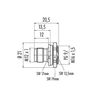 比例图 86 4231 1002 00004 - M12 针头法兰座, 极数: 4, 非屏蔽, 焊接, IP67, UL, PG 9