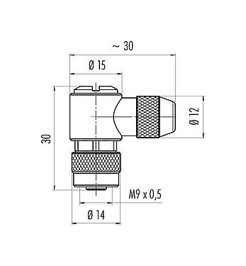 比例图 99 0414 75 05 - M9 弯角孔头电缆连接器, 极数: 5, 3.5-5.0mm, 可接屏蔽, 焊接, IP67