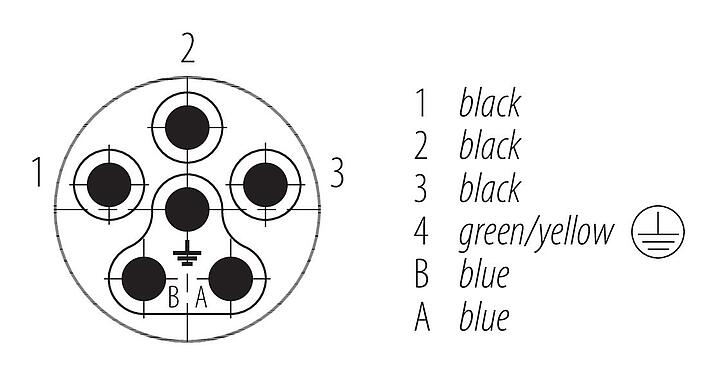 Contact arrangement (Plug-in side) 09 6121 250 06 - Bayonet Male panel mount connector, Contacts: 6 (3+PE+2), shieldable, single wires, IP66/IP67, M20x1.5