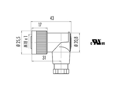 比例图 09 0440 000 04 - M18 弯角孔头电缆连接器, 极数: 4, 6.5-8.0mm, 非屏蔽, 螺钉接线, IP67, UL