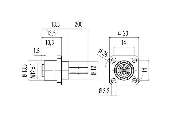 Scale drawing 76 0932 0111 00005-0200 - M12 Square female panel mount connector, Contacts: 5, unshielded, single wires, IP40, UL, Square