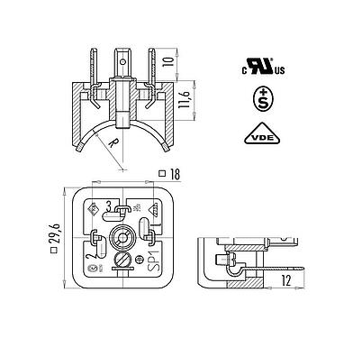 比例图 43 1719 027 04 - 弯角朝内的针头电源连接器, 极数: 3+PE, 非屏蔽, 焊接, IP40 不带密封圈, UL, ESTI+, VDE