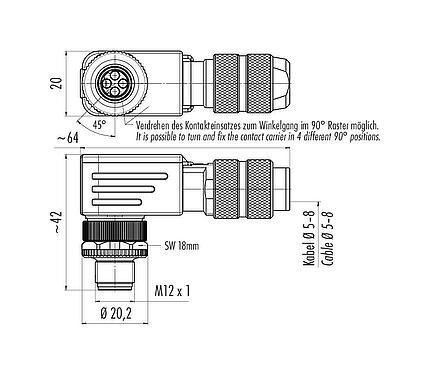 比例图 99 3721 820 04 - M12 弯角针头电缆连接器, 极数: 4, 5.0-8.0mm, 可接屏蔽, 压接（压接触点必须单独订购）, IP67