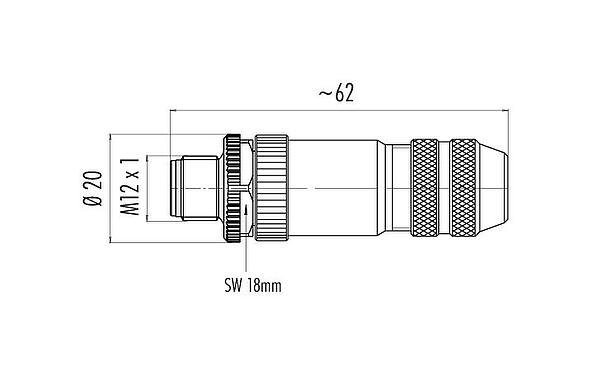 比例图 99 1491 812 12 - M12 直头针头电缆连接器, 极数: 12, 6.0-8.0mm, 可接屏蔽, 焊接, IP67, UL 2238, 带防护环