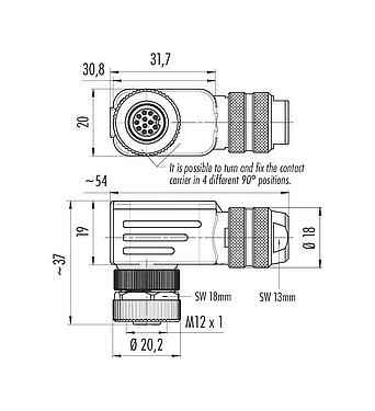 比例图 99 1492 822 12 - M12 弯角孔头电缆连接器, 极数: 12, 6.0-8.0mm, 可接屏蔽, 焊接, IP67, UL