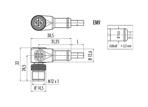 Scale drawing 77 3527 0000 20705-0200 - M12 Male angled connector, Contacts: 5, shielded, moulded on the cable, IP67, UL, PVC, grey, 5 x 0.25 mm², 2 m