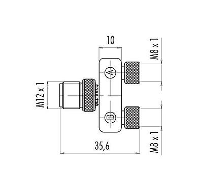 比例图 79 5204 00 04 - M8 双分线盒,Y 型分配器, 针头连接器 M8x1 - 2  孔头连接器 M8x1, 极数: 4/3, 非屏蔽, 插拔式, IP68, UL