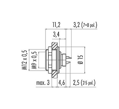 Scale drawing 09 0428 80 08 - M9 Female panel mount connector, Contacts: 8, unshielded, solder, IP67, front fastened