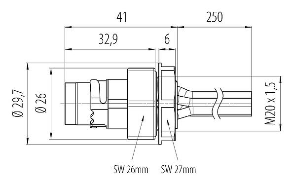 Scale drawing 09 6121 150 06 - Bayonet Male panel mount connector, Contacts: 6 (3+PE+2), shieldable, single wires, IP66/IP67, M20x1.5