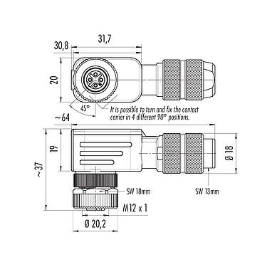 Scale drawing 99 1434 820 04 - M12 Female angled connector, Contacts: 4, 5.0-8.0 mm, shieldable, crimping (Crimp contacts must be ordered separately), IP67, UL