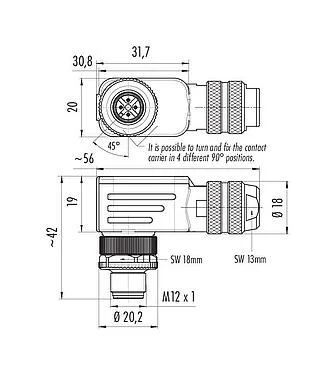 比例图 99 1525 822 04 - M12 弯角针头电缆连接器, 极数: 4, 6.0-8.0mm, 可接屏蔽, 笼式弹簧, IP67