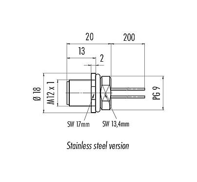 Scale drawing 76 2133 0111 00104-0200 - M12 Male panel mount connector, Contacts: 4, unshielded, single wires, IP68, UL, PG 9, stainless steel