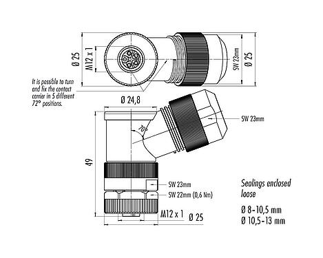 比例图 99 0700 58 05 - M12 弯角孔头电缆连接器, 极数: 4+PE, 8.0-13.0mm, 非屏蔽, 螺钉接线, IP67, UL