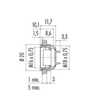 Scale drawing 09 0454 00 14 - M16 Female panel mount connector, Contacts: 14 (14-b), unshielded, solder, IP67, UL