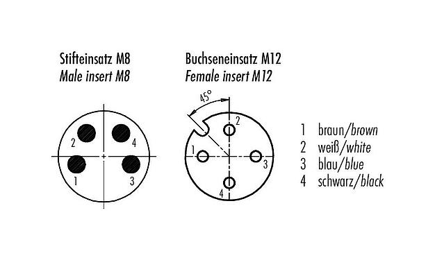 Contact arrangement (Plug-in side) 77 3634 3405 50004-0100 - M12/M8 Male cable connector - female angled connector, Contacts: 4, unshielded, moulded on the cable, IP67, PUR, black, 4 x 0.25 mm², with LED PNP, 1 m