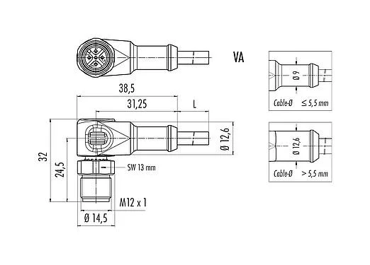 Scale drawing 77 3727 0000 50004-0200 - M12 Male angled connector, Contacts: 4, unshielded, moulded on the cable, IP69K, UL, PUR, black, 4 x 0.34 mm², stainless steel, 2 m