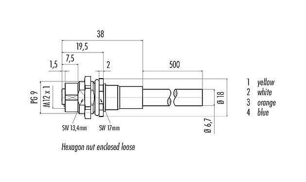 Scale drawing 70 3734 706 04 - M12 Female panel mount connector, Contacts: 4, shielded, with cable assembled, IP67, UL, PG 9, Profinet, PUR, green, 2 x 2 x AWG 22, front fastened, 0.5 m