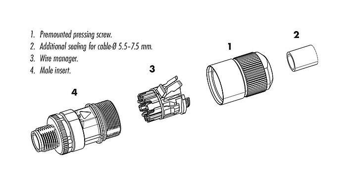 组件图纸 99 3788 810 08 - M12 直头孔头电缆连接器, 极数: 8, 5.5-9.0mm, 可接屏蔽, IDC, IP67