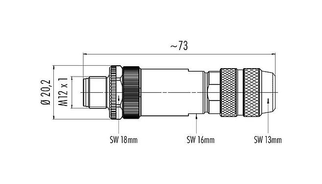 比例图 99 1433 810 04 - M12 直头针头电缆连接器, 极数: 4, 5.0-8.0mm, 可接屏蔽, 压接（压接触点必须单独订购）, IP67, UL