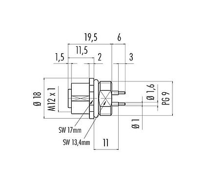 Scale drawing 86 0136 0000 00404 - M12 Female panel mount connector, Contacts: 4, unshielded, THT, IP67, UL, PG 9