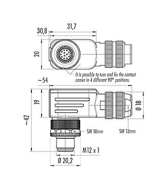 比例图 99 1491 822 12 - M12 弯角针头电缆连接器, 极数: 12, 6.0-8.0mm, 可接屏蔽, 焊接, IP67, UL