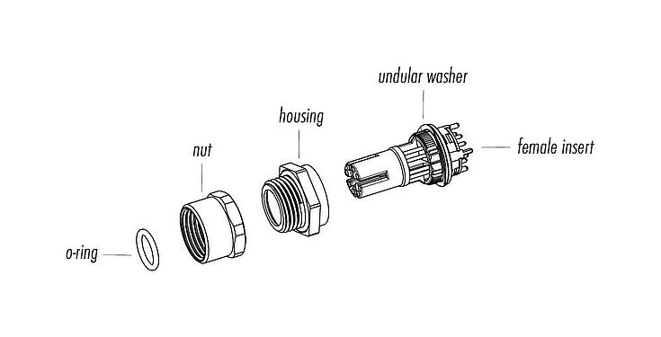 Component part drawing 99 3782 200 08 - M12 Female panel mount connector, Contacts: 8, shieldable, THT, IP67, UL