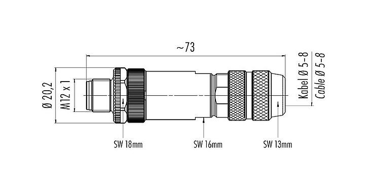 比例图 99 3721 810 04 - M12 直头针头电缆连接器, 极数: 4, 5.0-8.0mm, 可接屏蔽, 压接（压接触点必须单独订购）, IP67