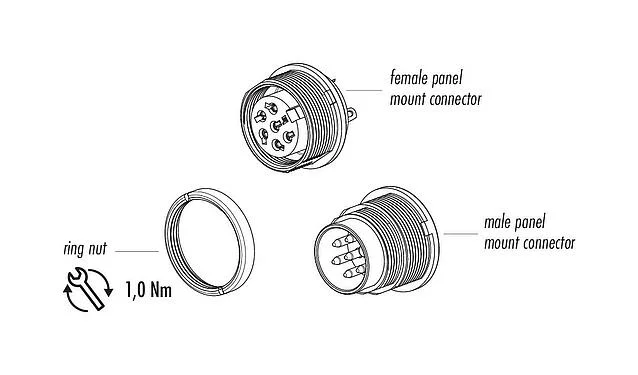 Component part drawing 09 0315 80 05 - M16 Male panel mount connector, Contacts: 5 (05-a), unshielded, solder, IP40, front fastened