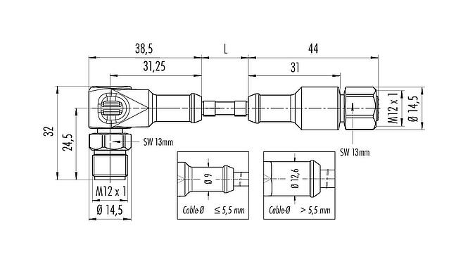 Scale drawing 77 3730 3727 40404-0500 - M12/M12 Connecting cable male angled connector - female cable connector, Contacts: 4, unshielded, moulded on the cable, IP69K, Ecolab, FDA compliant, Special TPE, grey, 4 x 0.34 mm², Food & Beverage, stainless steel, 5 m