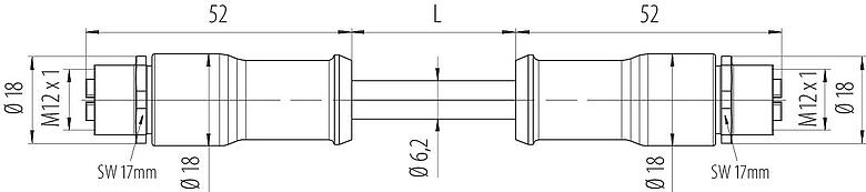 Scale drawing 77 4506 4506 90708-1000 - M12/M12 Connecting cable 2 female cable connectors, Contacts: 8, shielded, moulded on the cable, IP67, M12x1.0, E-beam X-FRNCL/LSNH, blue, 10 m