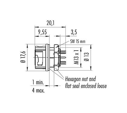 Scale drawing 09 0774 090 08 - Bayonet Female panel mount connector, Contacts: 8, unshielded, THT, IP67