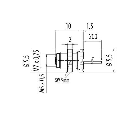 Scale drawing 76 8106 1117 00004-0200 - M5 Female panel mount connector, Contacts: 4, unshielded, single wires, IP67, UL, front fastened