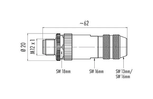 比例图 99 1429 810 04 - M12 直头针头电缆连接器, 极数: 4, 6.0-8.0mm, 可接屏蔽, 螺钉接线, IP67, UL