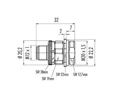 Scale drawing 86 0431 0003 00005 - M12 Male panel mount connector, Contacts: 5, unshielded, screw clamp, IP67, UL, VDE, M20x1.5