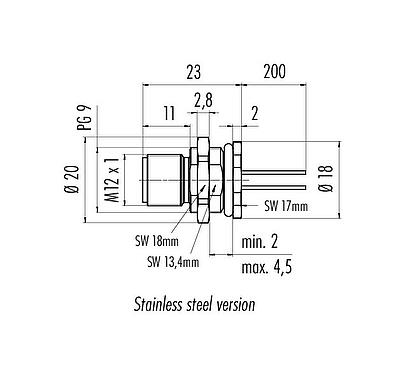 Scale drawing 76 2531 1111 00004-0200 - M12 Male panel mount connector, Contacts: 4, unshielded, single wires, IP68, UL, PG 9, front fastened, stainless steel