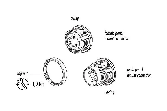 Component part drawing 09 0124 90 06 - M16 Female panel mount connector, Contacts: 6 (06-a), unshielded, THT, IP67, UL, front fastened