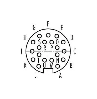 Contact arrangement (Plug-in side) 99 0462 106 19 - M16 Female angled connector, Contacts: 19 (19-a), 4.0-6.0 mm, unshielded, solder, IP67