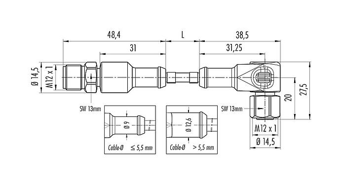 Scale drawing 77 3734 3729 40404-0200 - M12/M12 Connecting cable female angled connector - male cable connector, Contacts: 4, unshielded, moulded on the cable, IP69K, Ecolab, FDA compliant, Special TPE, grey, 4 x 0.34 mm², Food & Beverage, stainless steel, 2 m