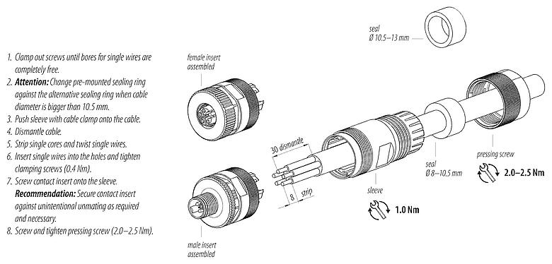 装配说明 99 0700 37 05 - M12 直头孔头电缆连接器, 极数: 4+PE, 8.0-13.0mm, 非屏蔽, 螺钉接线, IP67, UL 2237正在准备中, 带PE接口