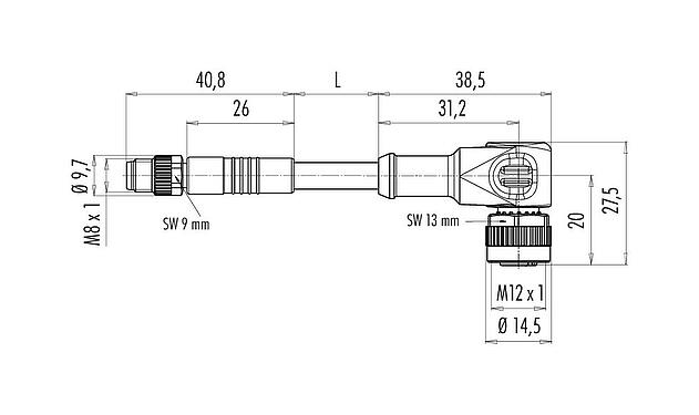 Scale drawing 77 3634 3405 50004-0100 - M12/M8 Male cable connector - female angled connector, Contacts: 4, unshielded, moulded on the cable, IP67, PUR, black, 4 x 0.25 mm², with LED PNP, 1 m