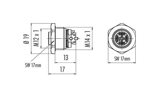 比例图 99 3782 402 08 - M12 孔头法兰座, 极数: 8, 可接屏蔽, SMT, IP68, M14x1.0