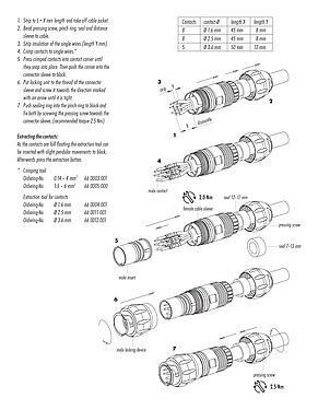 装配说明 99 6502 100 08 - 卡扣式 直头孔头电缆连接器, 极数: 4+3+PE, 7.0-17.0mm, 非屏蔽, 压接（压接触点必须单独订购）, IP68/IP69K, UL, VDE