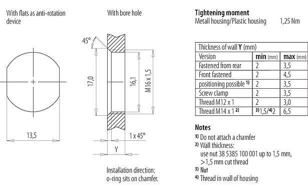 安装说明 76 0239 0015 00044-0200 - M12 针头法兰座, 极数: 4, 非屏蔽, 带导线, IP68, UL 2238, M16x1.5, 板前安装